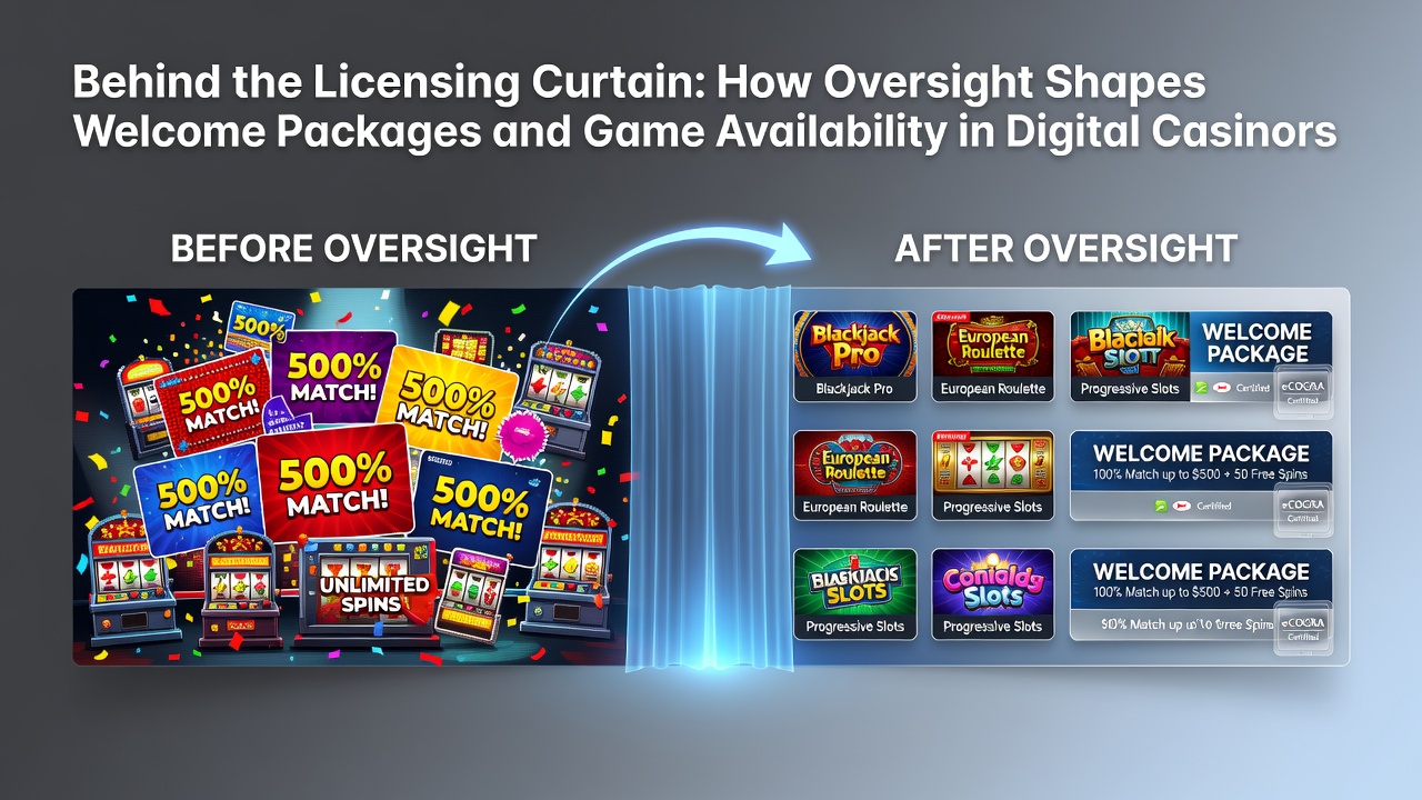 Digital casino interface showing licensed welcome bonus offers and game selection screen