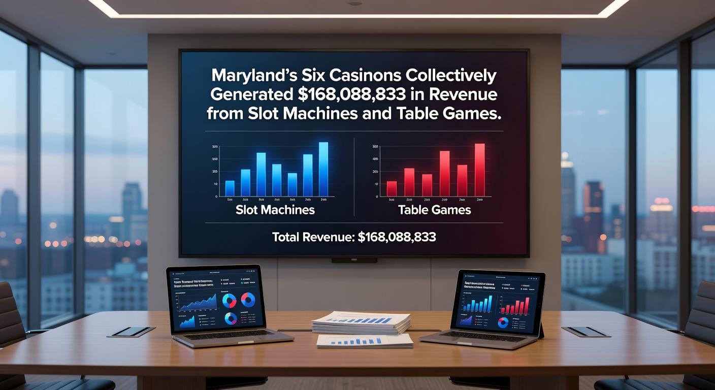 Interior shot of a lively Maryland casino gaming floor with slot machines flashing and players at table games, capturing the energy behind March 2026's revenue figures