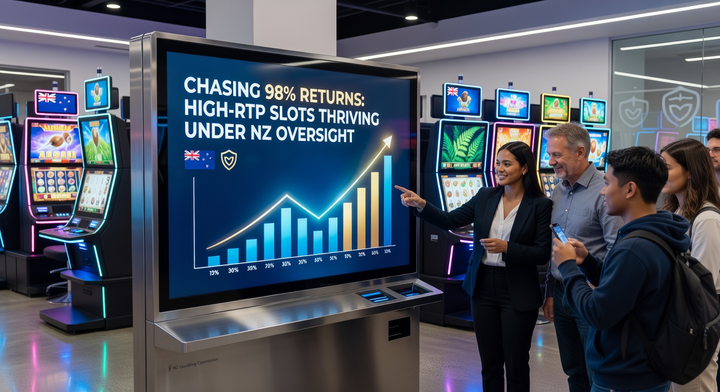 Vibrant slot machine reels spinning with high RTP indicators glowing on a New Zealand-themed casino floor
