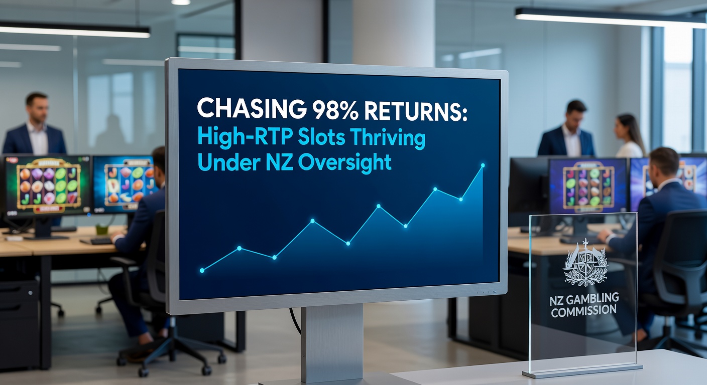 Close-up of a high-RTP slot interface displaying 98% return stats amid New Zealand regulatory seals and spinning reels