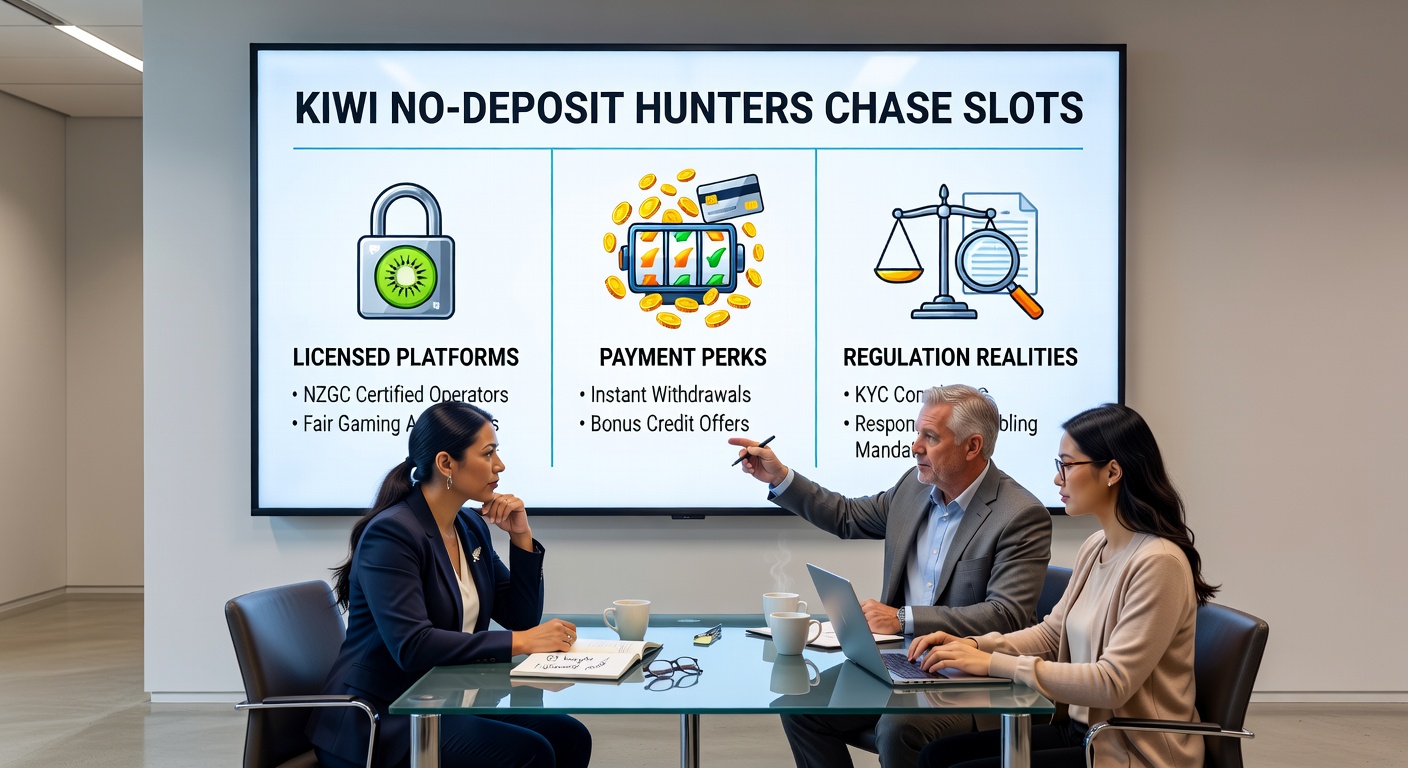 New Zealand landscape blended with digital slot interfaces, showcasing payment icons like POLi and crypto wallets alongside regulatory seals from international bodies