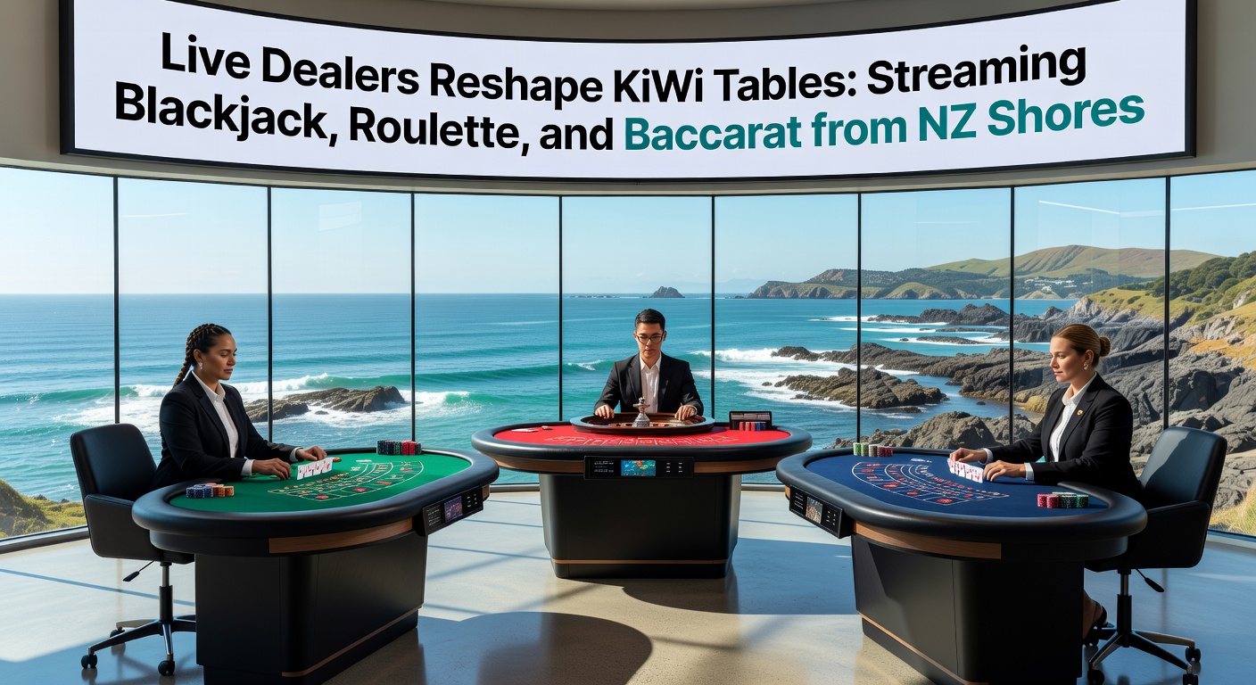 Sleek live dealer studio in New Zealand with blackjack table, roulette wheel, and professional dealers under bright lights