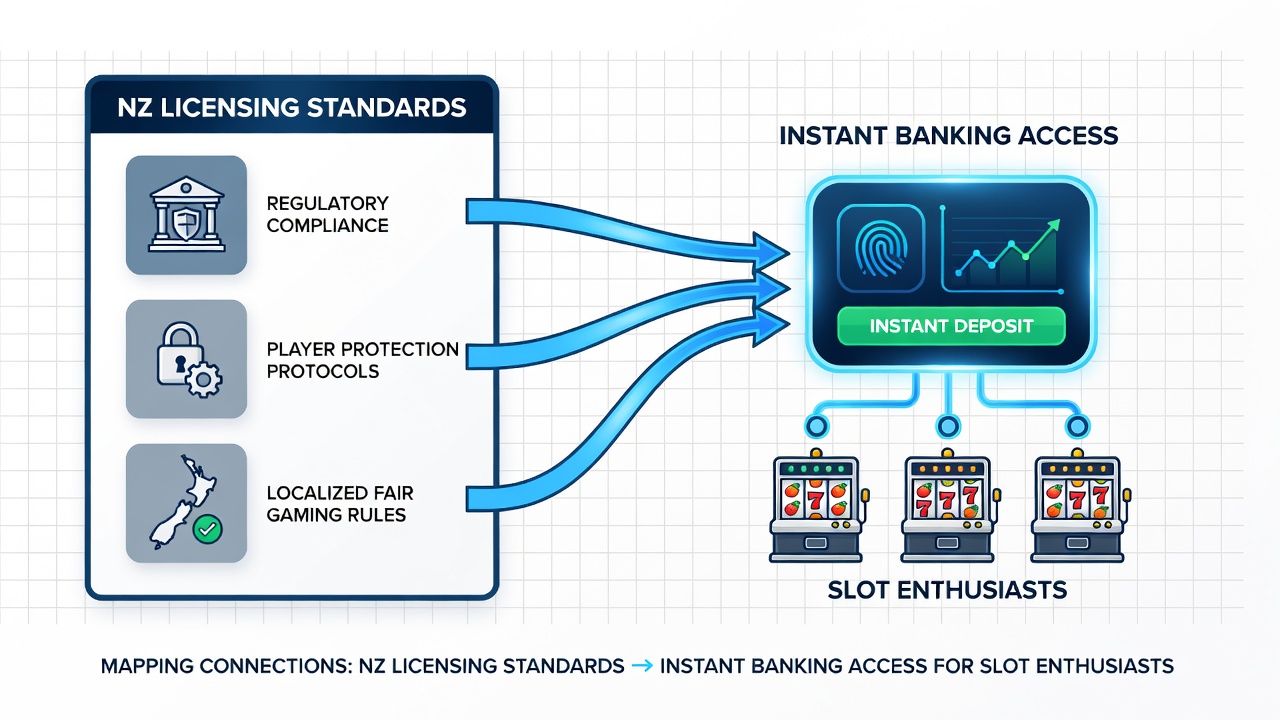 Infographic showing connections between NZ licensing standards and instant banking flows for slots