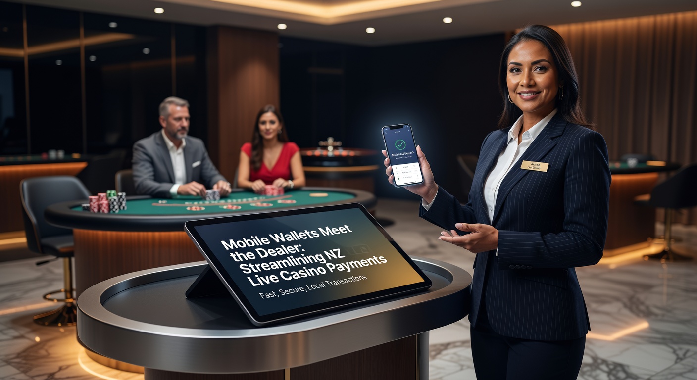 Live dealer at a roulette table on a split-screen mobile device, with a mobile wallet confirmation popup overlay showing instant deposit success in a New Zealand casino app