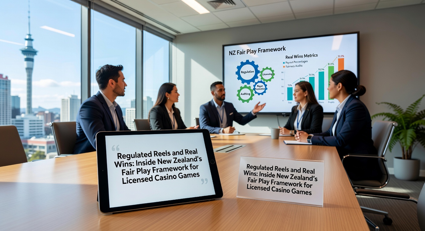Close-up of a regulated slot machine interface in a New Zealand casino, displaying fair play certification badges and real-time payout information