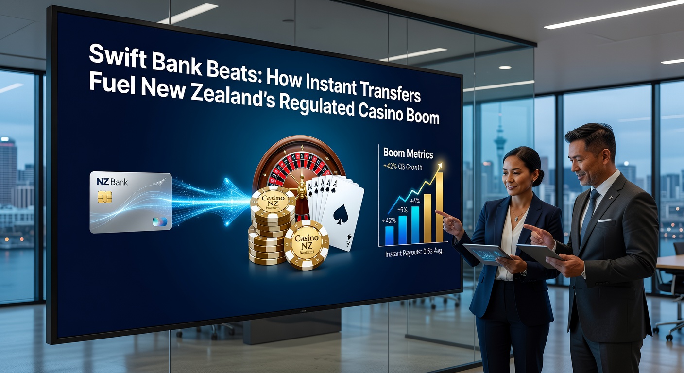 Digital graphic depicting swift bank transfers lighting up a New Zealand map with casino icons and speed lines representing instant payments