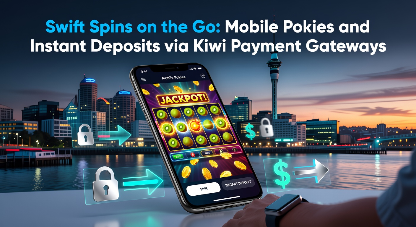 Illustration of instant deposit process on mobile app showing POLi integration, bank logos, and pokies reels in background