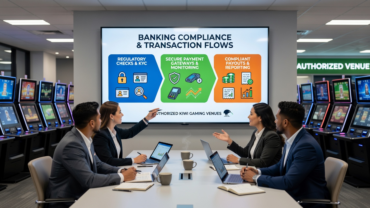 Close-up of secure banking terminal and compliance documentation at a New Zealand gaming facility