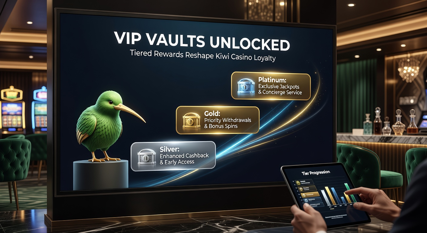 Infographic detailing Kiwi VIP tier progression from Bronze to Diamond, highlighting cashback rates, free spins, and exclusive perks