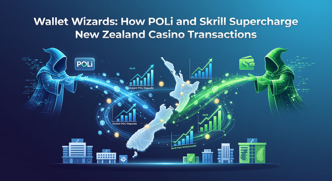 Illustration of digital wallets transforming casino payments in New Zealand, featuring POLi and Skrill icons alongside NZD symbols and secure transaction flows