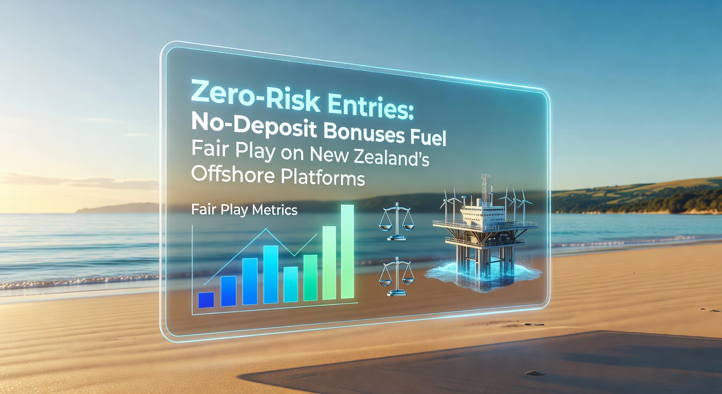 Glowing casino interface showcasing no-deposit bonus promotions on an offshore platform accessible to New Zealand players, with fair play icons and regulatory badges visible
