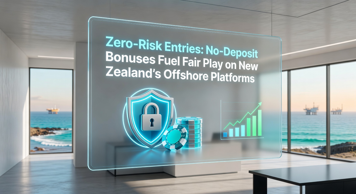 New Zealand map overlaid with offshore casino icons, bonus claim buttons, and graphs showing fair play metrics like RTP and audit seals in April 2026