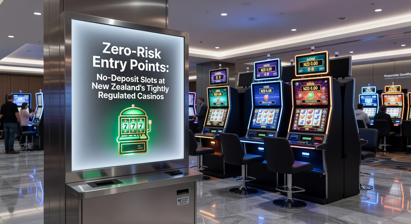 Vibrant slot machine reels spinning with no-deposit bonus icons overlayed on a New Zealand flag backdrop, highlighting risk-free gaming entry points